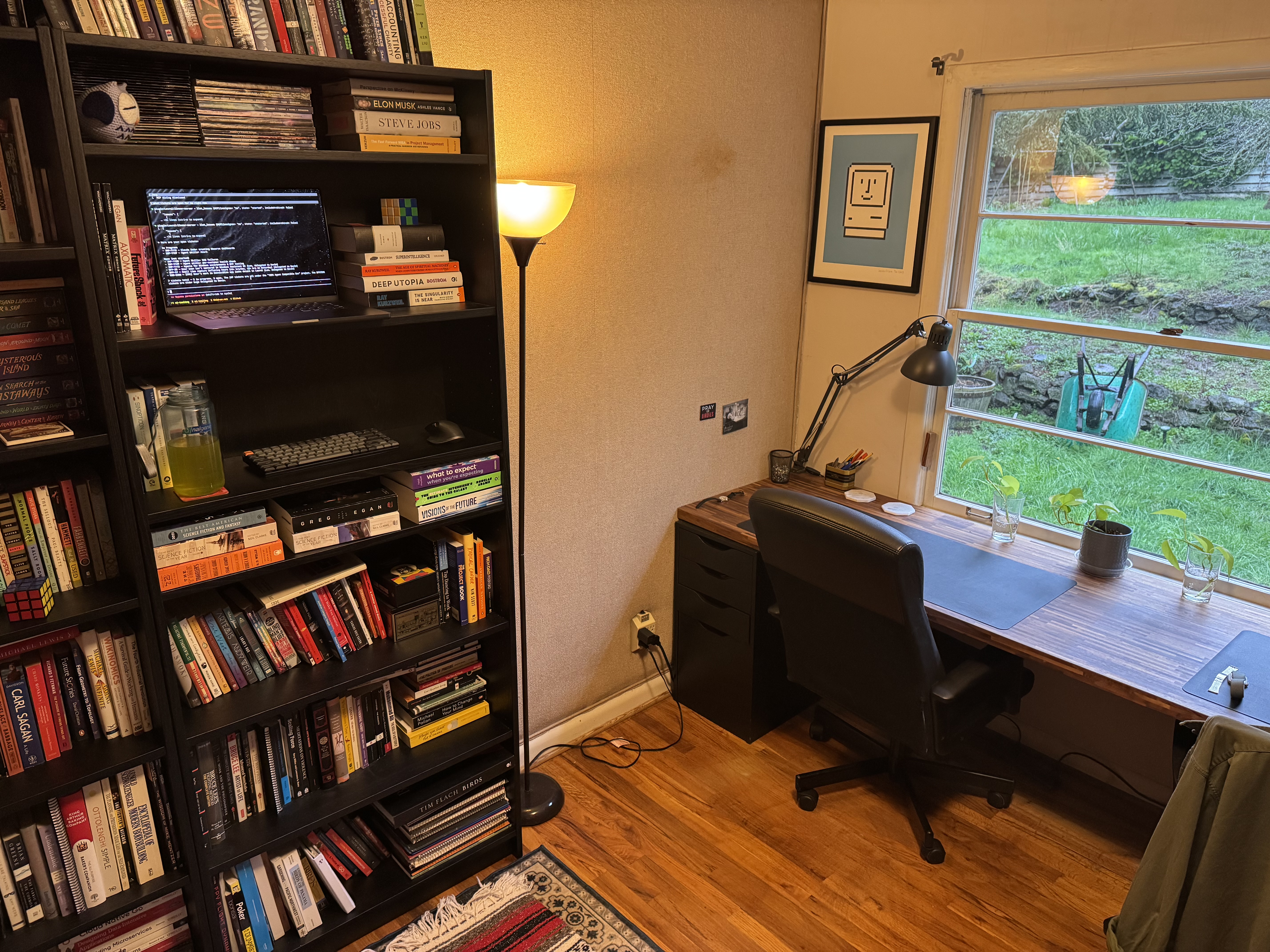 Standing bookshelf desk and proper desk